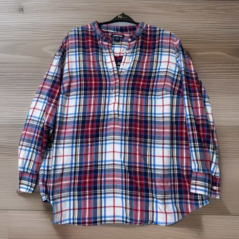 Lands' End Plaid Flannel Shirt Mens 2X 20wx22w Red White Button Up 100% Cotton